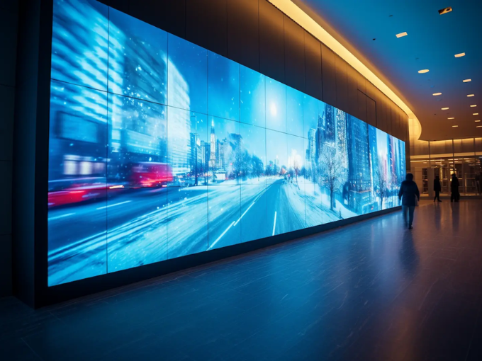 SHARP digital signage display wall showing vibrant visuals in a corporate corridor