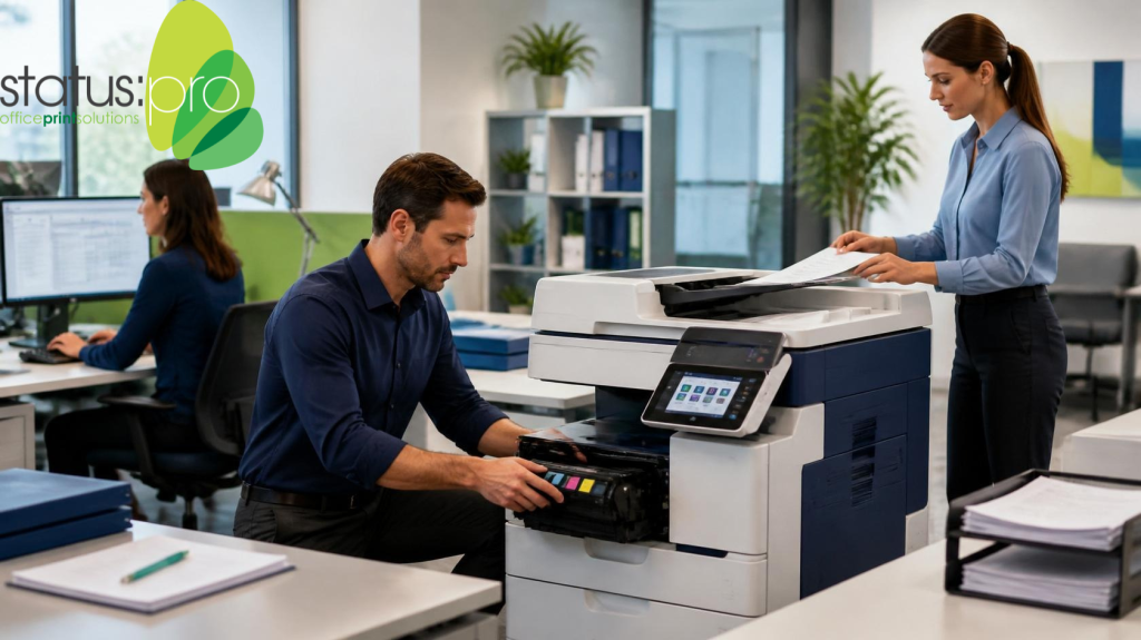 A modern Australian small business office with employees working efficiently around a high-quality multifunction printer. One employee checks toner levels while another scans documents. Visible elements include organized paperwork, digital workflows on computer screens, and a checklist on a desk. Bright professional lighting, realistic photography, clean and productive workspace, corporate blue and green color palette, representing reliable office printing, business efficiency, and proactive maintenance. Ultra-realistic, premium commercial photography, website hero image