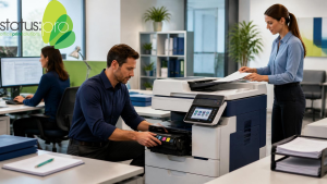 A modern Australian small business office with employees working efficiently around a high-quality multifunction printer. One employee checks toner levels while another scans documents. Visible elements include organized paperwork, digital workflows on computer screens, and a checklist on a desk. Bright professional lighting, realistic photography, clean and productive workspace, corporate blue and green color palette, representing reliable office printing, business efficiency, and proactive maintenance. Ultra-realistic, premium commercial photography, website hero image