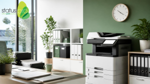A modern, bright Australian small business office with a multifunction printer as the focal point. Subtle visual cues suggest lost productivity — a wall clock, organised paperwork, and a desk where work has paused.